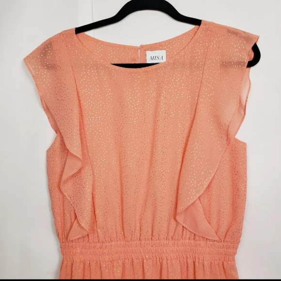MISA LOS ANGELES small (S) coral peach gold foild confetti ruffles mini dress - Picture 9 of 16